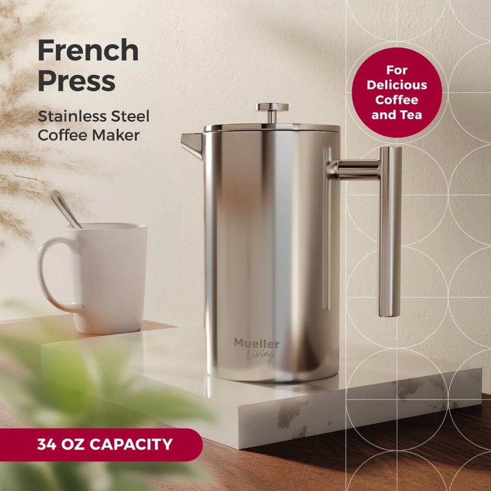 Mueller Living French Press Coffee Maker 34oz, Stainless Steel, Double Insulated - Picture 4 of 10